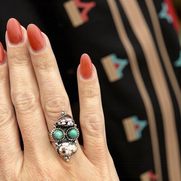 STERLING Silver NATIVE Style SW Wild Horse TURQUOISE Cluster Ring Adj 925 - Picture 2 of 9